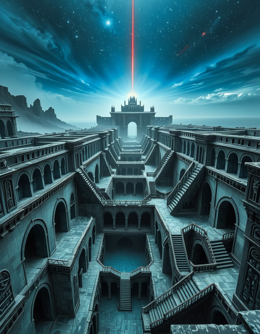 A vast, nightmarish labyrinth stretching endlessly into the horizon, its architecture a fusion of brutalist and gothic styles. The towering stone walls are cold, weathered, and adorned with eerie, ancient carvings. Deep chasms divide the labyrinth, revealing endless layers of arches and staircases that descend into an abyss of darkness. The atmosphere is thick with an unsettling silence, broken only by distant whispers and echoes of unseen entities.
A strange, ominous red beam pierces the sky from a distant point at the horizon, casting an eerie glow over the surreal landscape. The sky above is an unnatural, deep blue, devoid of stars, shrouded in a thick, ominous haze. Shadows stretch unnaturally long, twisting and shifting as if alive.
The entire scene evokes a sense of isolation and dread, as if trapped in an inescapable nightmare. The labyrinthâs geometry seems almost impossible, defying logic with staircases leading to nowhere and corridors looping endlessly. A place where time feels distorted, and reality itself is uncertain.
Style & Mood:
    Dark surrealism, Lovecraftian horror
    Cinematic, high-detail, eerie lighting
    Atmospheric perspective, emphasizing scale and depth
    Inspired by the works of ZdzisÅaw BeksiÅski and H.R. Giger
<lora:SDXLFaeTastic2400:0.4> <lora:extremely_detailed:0.4> extremely detailed, <lora:nightmarish_l4byr1nth:1>,nightmarish l4byr1nth, Masterpiece,best quality,hi res,8k,hi res,8k,award winning,(sharp focus, intricate, highly detailed),