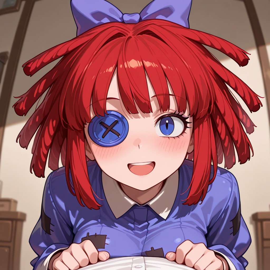 masterpiece, best quality, 32k, high resolution, absurdres, ragatha, hair bow, POV, looking at viewer, blush, smile, open mouth, upper teeth only