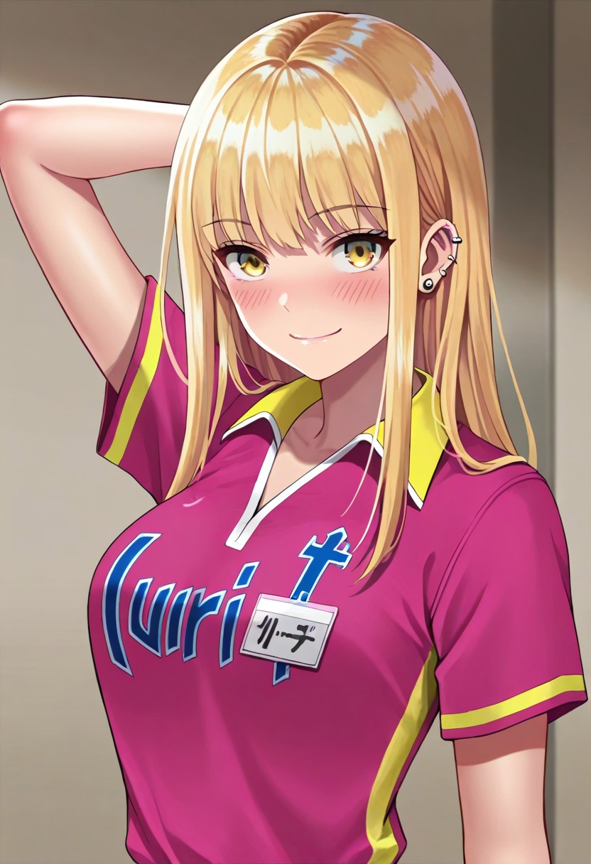 masterpiece,best quality,amazing quality, ruriko, long hair, blonde hair, yellow eyes, 1girl, solo, smile, blush, looking at viewer, piercing, shirt, arm behind head, closed mouth, ear piercing, short sleeves, upper body, sportswear, arm up