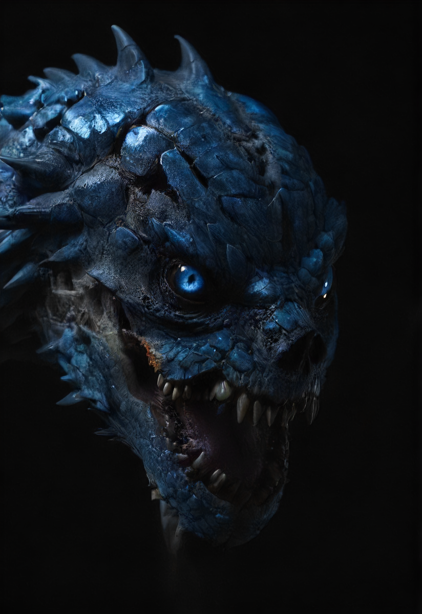 dragon, winged, shiny scales, covered, dark, glowing blue eye, composition, shadows, global illumination, sharp teeth (skeletal:0.5), <lora:- SDXL - vanta-black_contrast_V3.0:0.5>  <lora:- SDXL - dragon_demon_variation_V1.0:0.6>