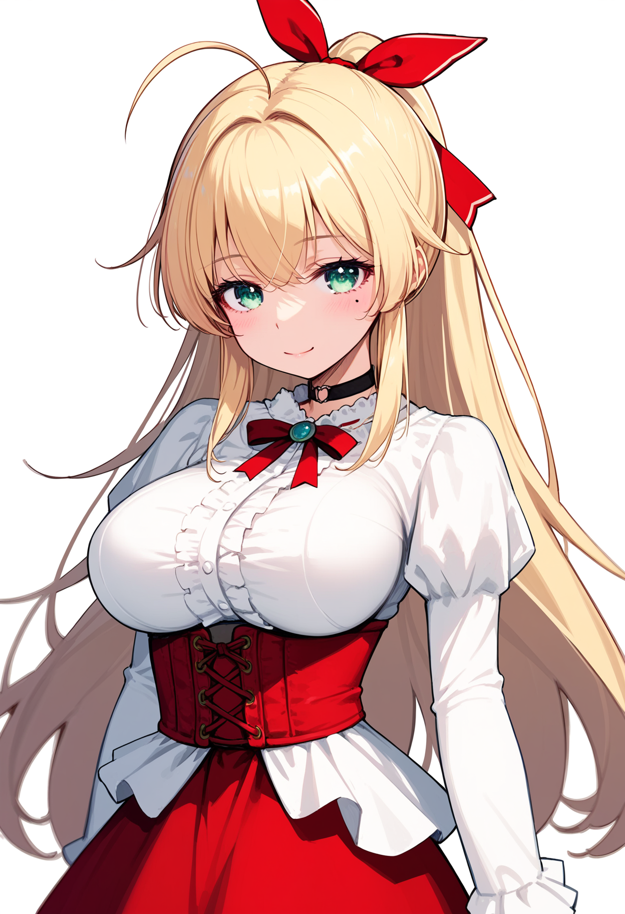 score_9, score_8_up, score_7_up,source_anime,rating_explicit,uncensored,anatomically correct,best perspective BREAK
1girl,  solo, white background, 
<lora:MagetanoOfTheCurseofKubel:1> magetano\(thecurseofkubel)\, green eyes, blonde hair, ahoge, long hair, large breasts, mole, mole under eye,  choker, 
ponytail, ribbon, long sleeves, dress, underbust, red skirt, red ribbon