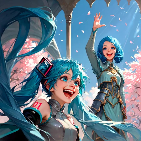score_9,score_8_up, score_8,
dark, brooding,
Dungeons and Dragons Style, 1girl, hatsune miku, blue hair, blue eyes, twintails, armor, happy, joy, sunlight,
<lora:Expressive_H:0.5> <lora:Dungeons_and_Dragons_Art_Style-000003:1>
