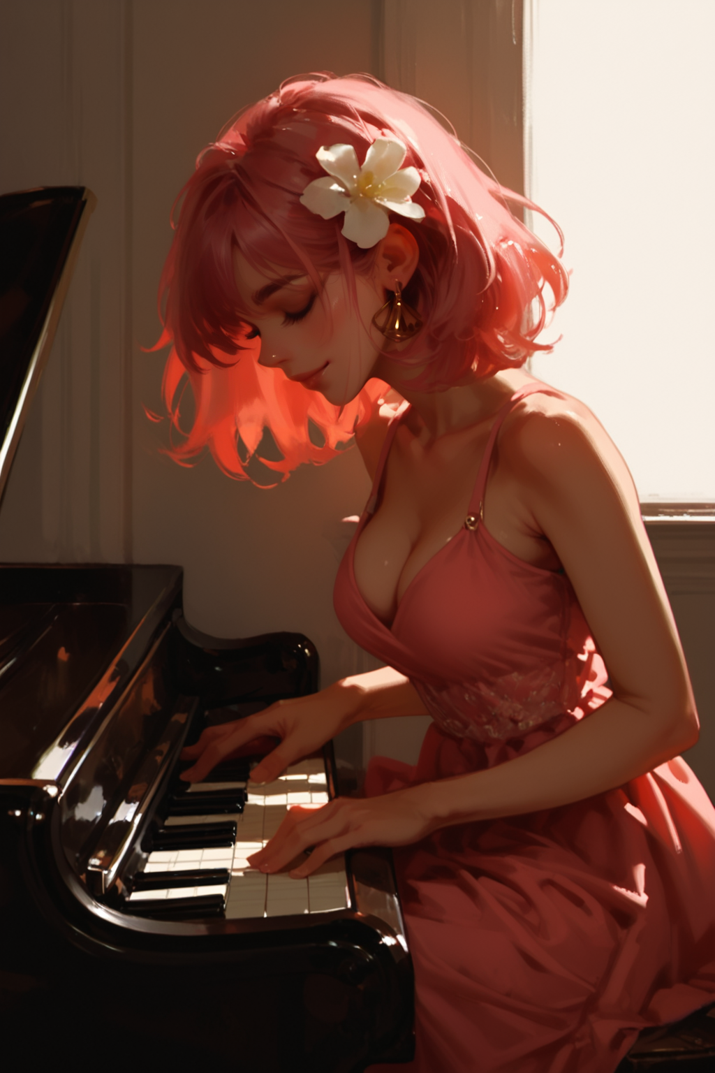1girl, instrument, pink hair, solo, hair ornament, hair flower, flower, closed eyes, piano, playing instrument, jewelry, dress, pink dress, music, sitting, earrings, breasts, cleavage, window, closed mouth, backlighting, white flower, profile, from side, medium breasts, collarbone, indoors, medium hair, bare shoulders, sleeveless dress, sleeveless, smile, short hair, bare arms, zPDXL3, detailxl,  Score_PnyReal, (lineless:1.5)