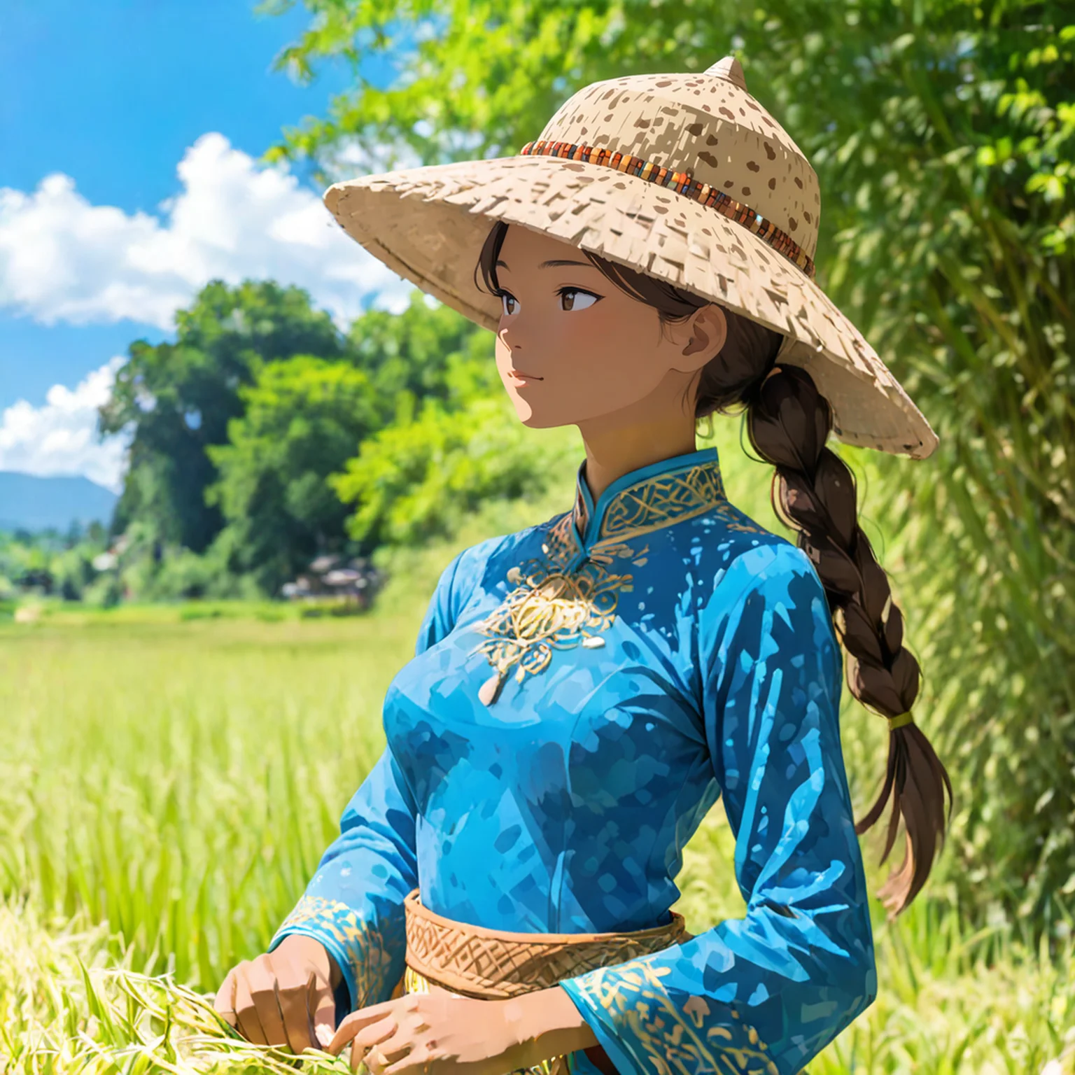 flat color,limited palette,
summer,girl,standing,upper body,close up,forhead,brown hair, long hair,low ponytail, tanned skin,skinny,sedge hat, ethnic costume, (blue ao dai:1.3),dappled sunlight, shadow
blue sky,shadow,huge cloud,blue background,blurry background,
<lora:Rice_field_r2:0.8>,best quality, masterpiece,<lora:Vivid:0.8> ,<lora:Fixhands_anime_bdsqlsz_V1:1>