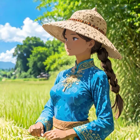 flat color,limited palette, 
summer,girl,standing,upper body,close up,forhead,brown hair, long hair,low ponytail, tanned skin,skinny,sedge hat, ethnic costume, (blue ao dai:1.3),dappled sunlight, shadow
blue sky,shadow,huge cloud,blue background,blurry background, 
<lora:Rice_field_r2:0.8>,best quality, masterpiece,<lora:Vivid:0.8> ,<lora:Fixhands_anime_bdsqlsz_V1:1>