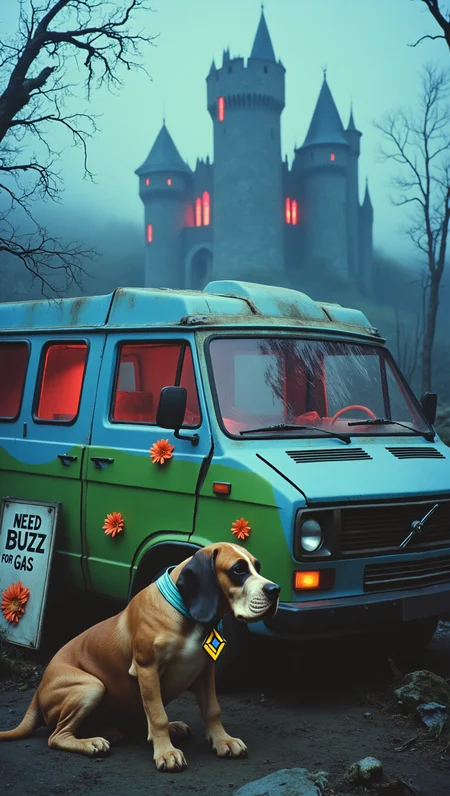 ArsMovieStill, movie still from a 1980s fantasy movie.
On a foggy night, a broken volvo van has a medium-blue paint base featuring a unique horizontal green stripe that slopes up and down across the van's bottom half. A couple of orange flowers serve as accents on the sides of the van over the green stripe. the background is Count Dracula's looming castle, framed by dead trees and glowing red windows. A brown great dane, He has a black nose and wears an off-yellow, diamond-shaped-tagged blue collar is next to a sign "Need Buzz for Gas"