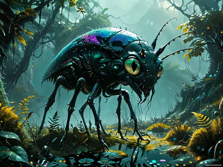 highly detailed, intricately detailed, 8k, HD, eternal night, dark of night, vivid deep blacks, impactful, dark and brooding atmosphere,
Scuttling out of the alien mists, amongst the thick glowing foliage, a creature with a shimmering iridescent carapace emerges, looking like a giant bug, its shining silver eyes taking in the landscape. Its hard shell makes it impervious to all predators, though its long spindly legs are its only weakness. Its mandibles are the real danger. They can snap the trunk of a tree in half with a single bite.
<lora:RMSDXL_Enhance:1>,
<lora:add-detail-xl:0.8>,
<lora:RMSDXL_Darkness_Cinema:1>
<lora:MJ52:0.6>
<lora:The_Dark_Side_of_the_Earth:0.8>