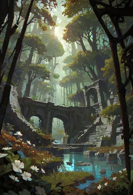 score_9, score_8_up, score_7_up, score_6_up, arkn, detailed drawing, forest, autumn, flowers, beautiful blue pond, grass, early morning, sun rays, white stone ruins, dynamic light,