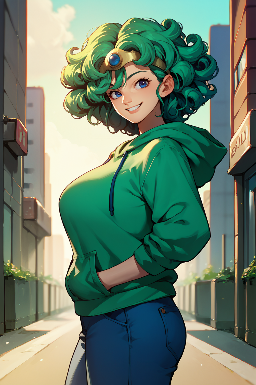 score_9, score_8_up, score_7_up, score_6_up, source_anime, 1girl, solo  <lora:dq4sofia-pdxl-nvwls-v1-000005:1> dq4sofia, curly hair, green hair, tiara, big breasts, green hoodie, blue pants, hands in pockets, city, looking at you, smile, from side