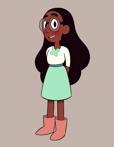 <lora:ConnieMaheswaranPony:1>Connie, solo, long hair, smile, glasses, aqua dress, black eyes, standing, pink boots, full body, 1girl, brown hair, dark-skinned female, score_9, score_8_up, score_7_up, score_6_up, score_5_up, score_4_up, looking at viewer, cowboy shot,arms behind back, blush,