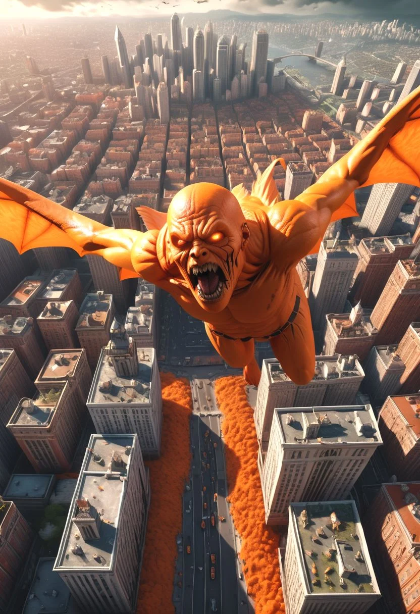 fantasy, horror fantasy, giantic orange flying above city full of afraid people, uhd 8k hyper-realistic intricate detail