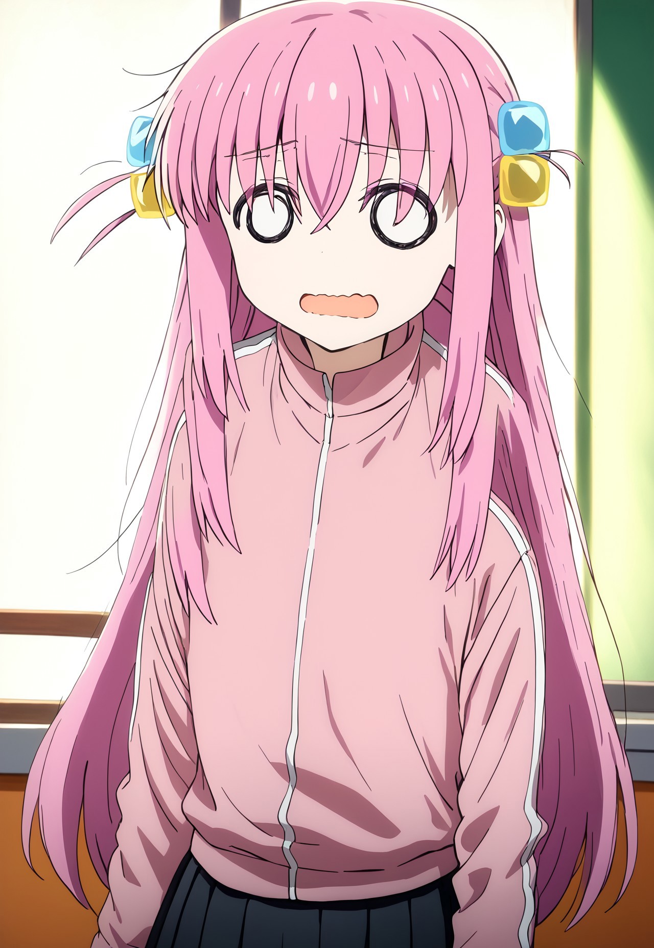 score_9, score_8_up, score_7_up, score_6_up,source_anime, masterpiece, ultra-detailed, highres, 4k, best quality, painterly, faux traditional media, Moe art style, Kyoani art style, outstanding, countershading, detailed soft lighting, backlighting, close up shot, dutch angle, BREAK, 1girl, hitorigotou, <lora:hitori-gotou-s1-ponyxl-lora-nochekaiser:1>, hitori gotou, cube hair ornament, hair between eyes, hair ornament, pink hair, one side up, long hair, black skirt, jacket, long sleeves, pants, pants under skirt, pink jacket, pink pants, pleated skirt, skirt, track jacket, track pants, track suit, indoors, classroom, o_o, wavy mouth, mouth open, panicked, dim lighting