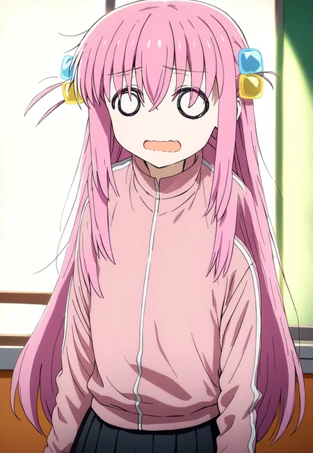 score_9, score_8_up, score_7_up, score_6_up,source_anime, masterpiece, ultra-detailed, highres, 4k, best quality, painterly, faux traditional media, Moe art style, Kyoani art style, outstanding, countershading, detailed soft lighting, backlighting, close up shot, dutch angle, BREAK, 1girl, hitorigotou, <lora:hitori-gotou-s1-ponyxl-lora-nochekaiser:1>, hitori gotou, cube hair ornament, hair between eyes, hair ornament, pink hair, one side up, long hair, black skirt, jacket, long sleeves, pants, pants under skirt, pink jacket, pink pants, pleated skirt, skirt, track jacket, track pants, track suit, indoors, classroom, o_o, wavy mouth, mouth open, panicked, dim lighting