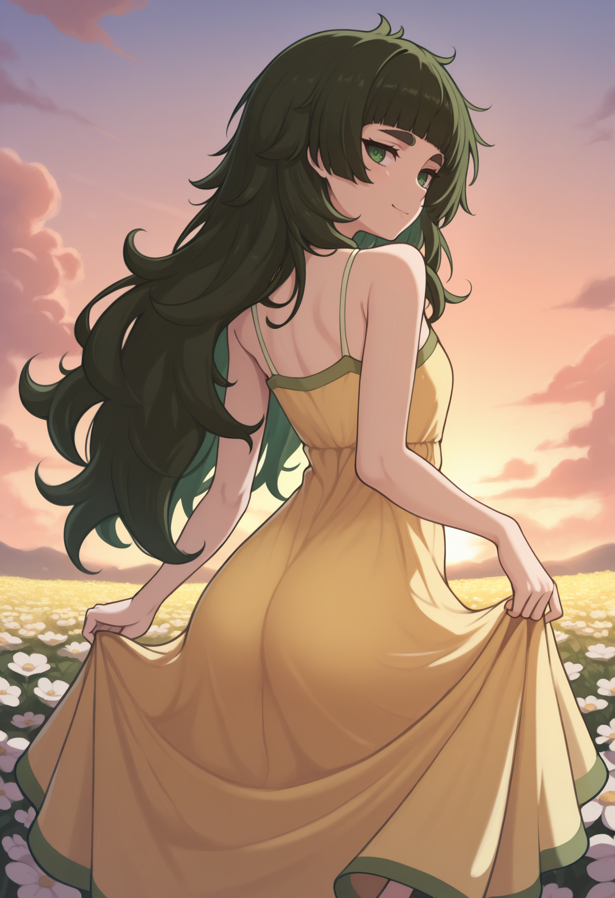 masterpiece, best quality, newest, from behind, solo, 1girl, hiy4jo, slight smile, looking back, skirt hold, long hair, green hair, messy hair, blunt bangs, green eyes, thick eyebrows, yellow sundress, spaghetti strap, bare shoulders, outdoors, sunset, cloud, flower field
<segment:yolo-Anzhc Face seg 640 v2 y8n.pt,0.4,0.5//cid=1>