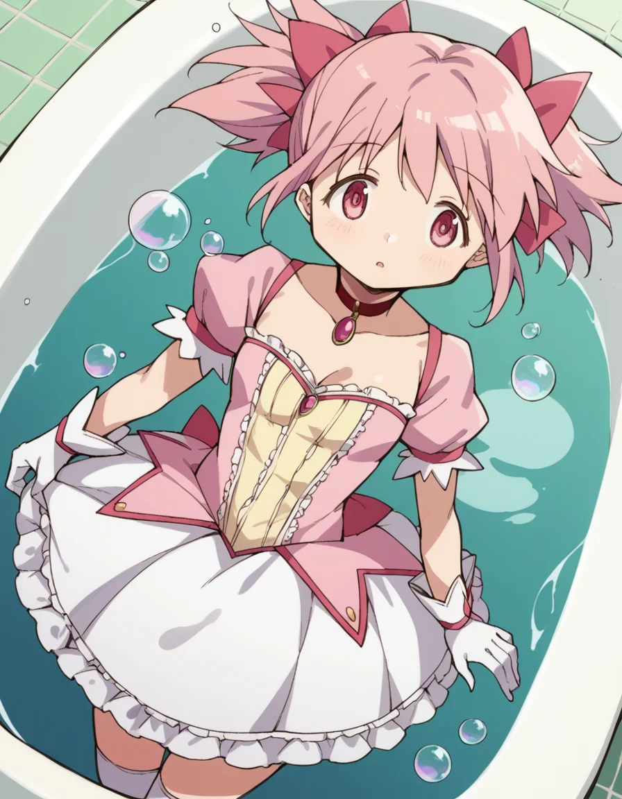 score_9, score_8_up, score_7_up, source_anime, <lora:madoka-kaname-s1-ponyxl-lora-nochekaiser:1>, madoka kaname, short hair, ribbon, twintails, hair ribbon, pink hair, pink eyes, short twintails,, skirt, gloves, dress, bow, choker, puffy sleeves, white gloves, magical girl, bubble skirt,, bathtub, water, bubbles, steam, towel, , from above,, looking at viewer, solo,, dutch angle, cowboy shot
