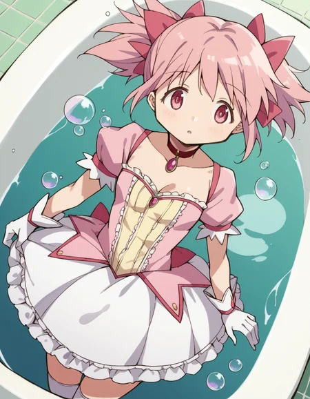 score_9, score_8_up, score_7_up, source_anime, <lora:madoka-kaname-s1-ponyxl-lora-nochekaiser:1>, madoka kaname, short hair, ribbon, twintails, hair ribbon, pink hair, pink eyes, short twintails,, skirt, gloves, dress, bow, choker, puffy sleeves, white gloves, magical girl, bubble skirt,, bathtub, water, bubbles, steam, towel, , from above,, looking at viewer, solo,, dutch angle, cowboy shot