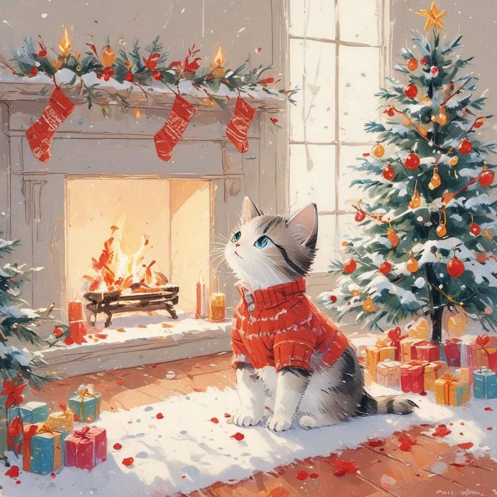 In a magical Christmas scene of a kitty and a little girl. The kitty is orange-striped with striking blue eyes is leaping near a twinkling Christmas tree adorned with sparkling ornaments and fairy lights. The little girl, dressed in festive red pajamas, kneels on a plush white rug, offering the kitty a jingling ornament. The room is aglow with the soft golden light of the fireplace, where stockings are hung with care, and wrapped presents spill out from under the tree. Snowflakes are visible through the frosted windows, completing the cozy holiday ambiance.