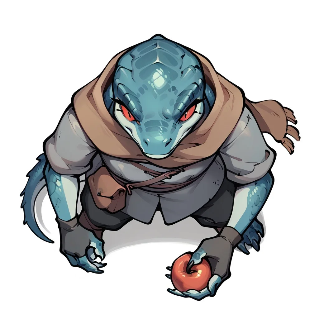 (((detailed, beautiful, high quality))), score_9, score_8_up, score_7_up, solo,
dndt0ken, top down view, from above,
lizardfolk, anthro lizard, slit pupil, scales, tail,
1girl, red eyes, sky blue skin, flat chest, flat chest, grey tunic with hood, brown scarf, black trousers, fingerless gloves, short,
incredulous face, holding an apple,
white background, standing