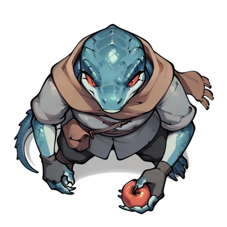 (((detailed, beautiful, high quality))), score_9, score_8_up, score_7_up, solo,
dndt0ken, top down view, from above,
lizardfolk, anthro lizard, slit pupil, scales, tail,
1girl, red eyes, sky blue skin, flat chest, flat chest, grey tunic with hood, brown scarf, black trousers, fingerless gloves, short,
incredulous face, holding an apple,
white background, standing