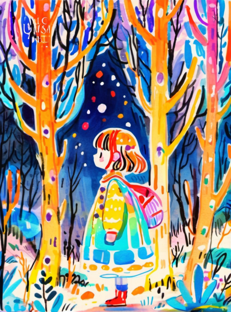 <lora:æ½è±¡-000016:0.8>,cartoon,illustrated,colorful,whimsical,forest,night,lights,vibrant colors,seasonal,art,decoration,1girl,ojousama,