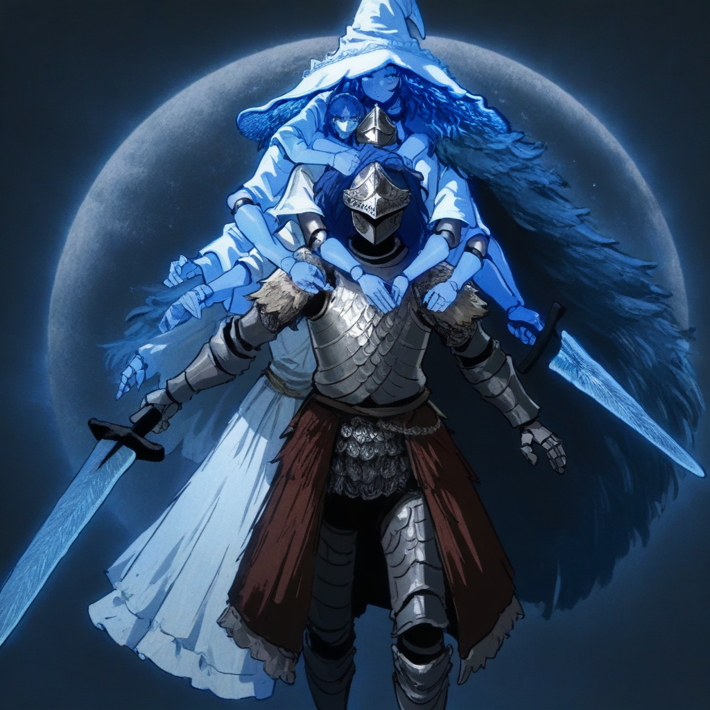 masterpiece, best quality, newest, absurdres, highres, anime, anime style, 1boy, armor, knight, holding, holding sword, helmet, PRC-V1.0-RanniBP, ranni the witch, piggyback, carrying, 1girl, ranni the witch (elden_ring), blue hair, blue eyes, doll joints, joints, one eye closed, white dress, extra arms, 4arms,