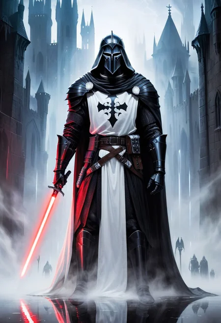 score_10, score_9, score_9_up, score_8_up, score_7_up, masterpiece, best quality, ghost, black armor, black knight, hood, ((hood over helmet)), duo focus, multiple_boys, 2boys,, two figures, Fantasy, knight, gothic, full plate armor, armor, black, cloak, hood, sith, sword, heavy armor, white light saber, white tabard, shield, reflection, spirit, translucent, black mist, paladin, fighter, rogue, vivid color, castle,