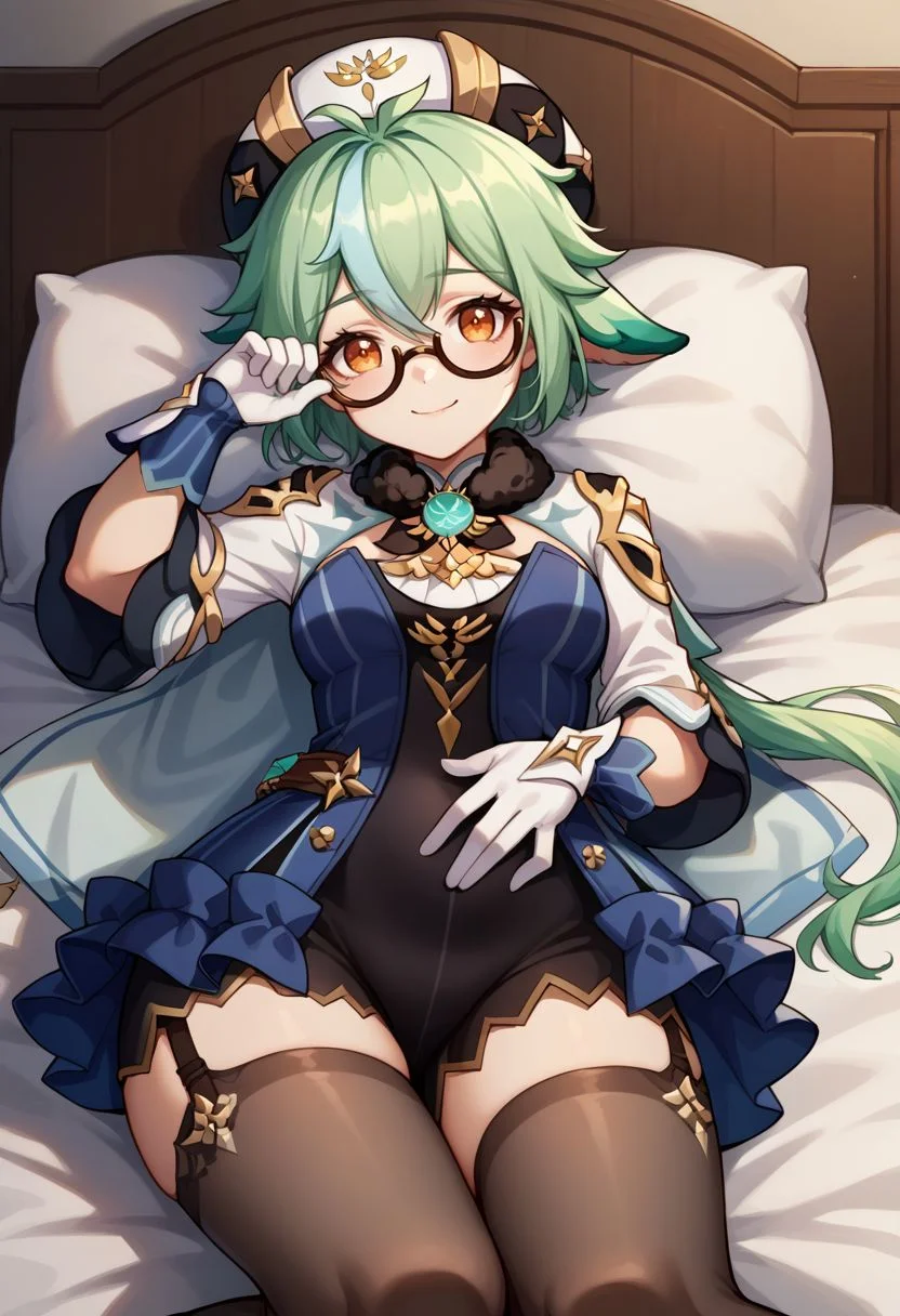 score_9, score_8_up, score_7_up, source_anime, 1girl, sucrosedef, orange eyes, green hair, multicolored hair, hair between eyes, long hair, ponytail, animal ears, glasses, semi-rimless eyewear, hat, beret, fur collar, vision (genshin impact), blue dress, gold trim, cape, long sleeves, white gloves, garter straps, black thighhighs, knee boots, white footwear, lying, on back, on bed, arm up, closed mouth, smile, looking at viewer, indoors, bedroom, pillow, close-up, facing viewer, hand on own stomach, <lora:Sucrose_v1-000010:1>