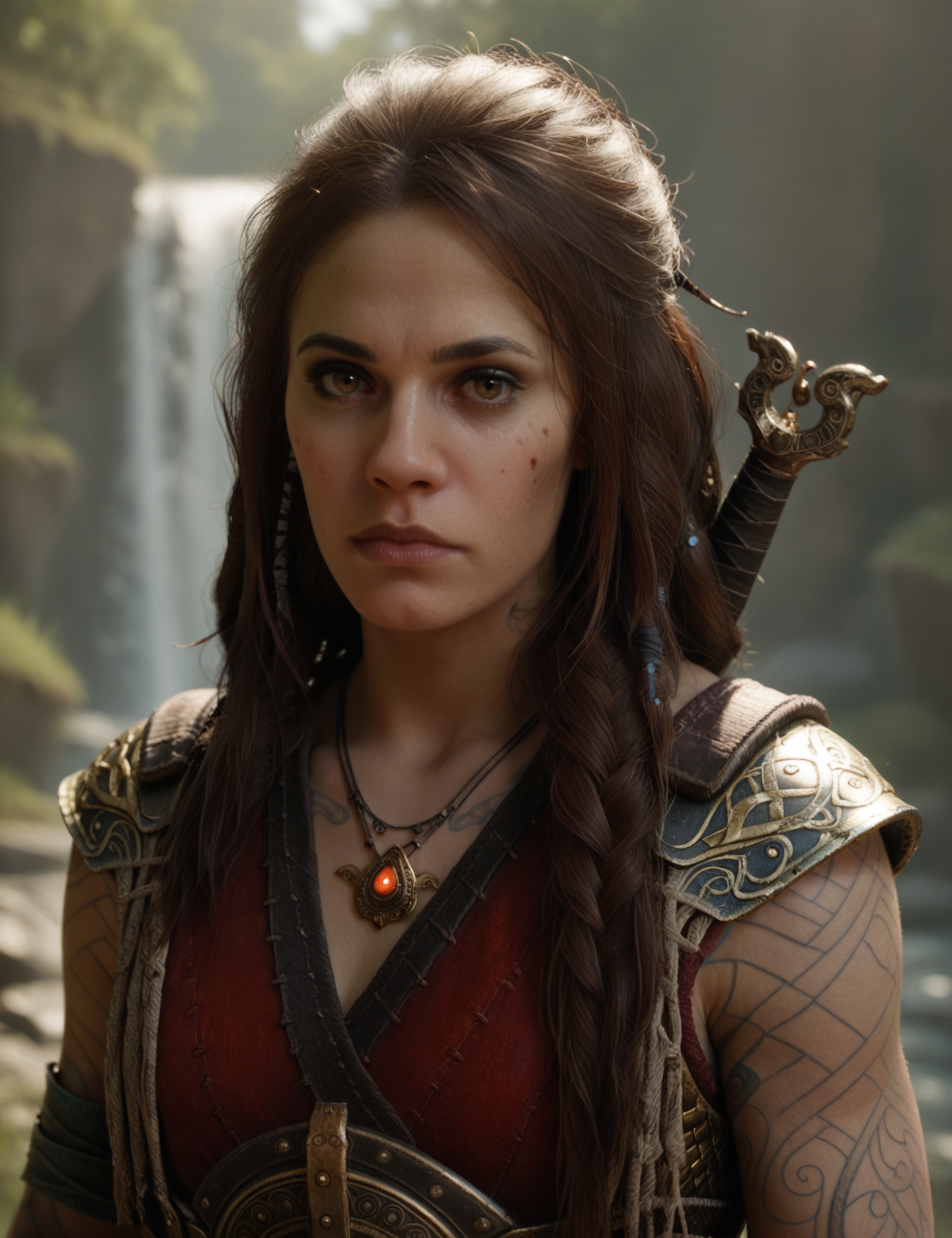 beautiful woman, portrait, tattooos, sword on back, looking at the viewer, armor<lora:FreyaGOW:0.75> gow_freya, score_9, score_8_up, score_7_up, score_6_up