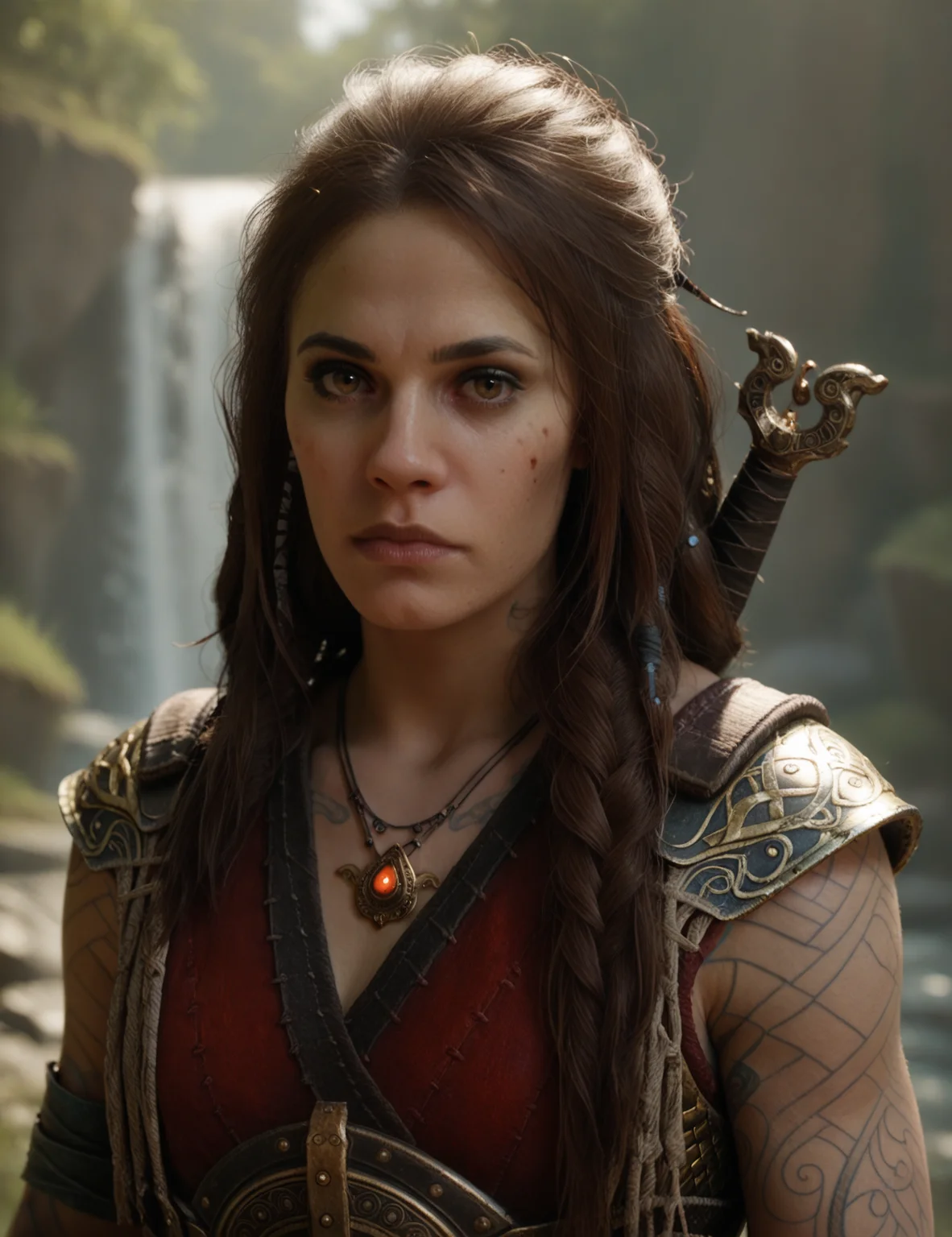 beautiful woman, portrait, tattooos, sword on back, looking at the viewer, armor<lora:FreyaGOW:0.75> gow_freya, score_9, score_8_up, score_7_up, score_6_up