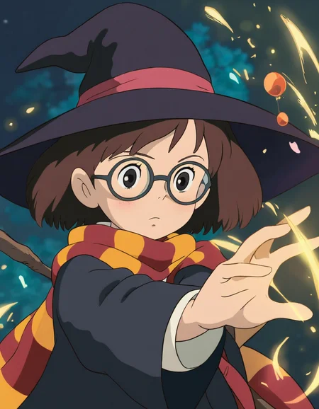 Studio Ghibli, hand-drawn animation style,
masterpiece, high score,
young, witch, hat, brown hair, glasses, scarf, Gryffindor, magic, cute, cartoon
<lora:Ghibli_xl_v2:1>
