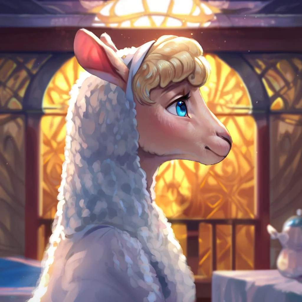 <lora:Biformis_Style_PonySDXL:0.8> by biformis, biformis,  score_9, score_8_up, score_7_up, score_6_up, score_5_up, score_4_up, source_furry,  alpaca, blonde hair, blue eyes, white body, clothed, clothing, detailed background, at a spa retreat, side view, male, rating_safe,