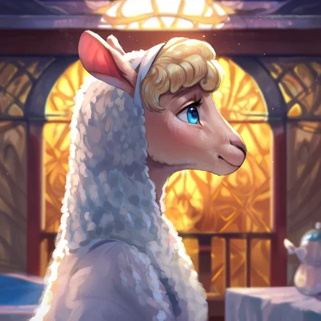 <lora:Biformis_Style_PonySDXL:0.8> by biformis, biformis,  score_9, score_8_up, score_7_up, score_6_up, score_5_up, score_4_up, source_furry,  alpaca, blonde hair, blue eyes, white body, clothed, clothing, detailed background, at a spa retreat, side view, male, rating_safe,