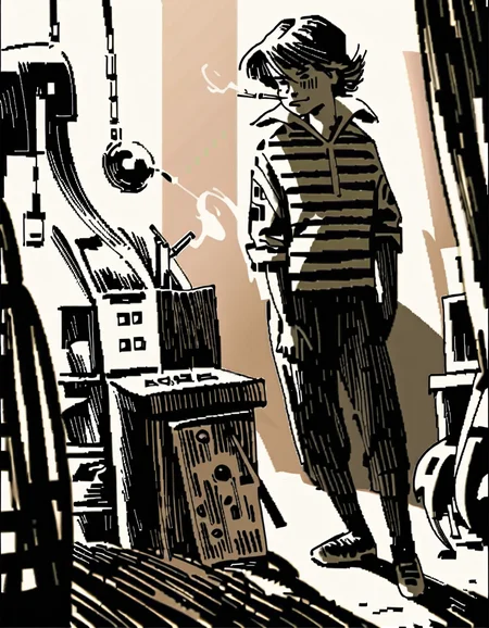 score_9, score_8_up, score_7_up, (Mignstl:1.2), (Alsel:1.2), (blond hair:1.2), sneakers, standing, smoking single cigarette, smirk, (home indoors scenery:1.2), perfect eyes, perfect hands, detailed fingers, bw, grayscale
