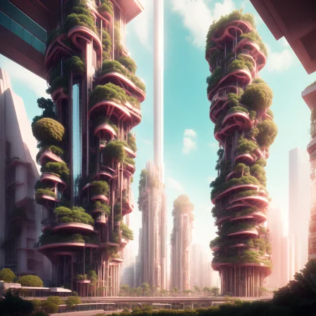 (coralcity style:1) bunch of plants growing, very tall building, strange looking, futuristic city <lora:djzCoralCityV21:0.8>