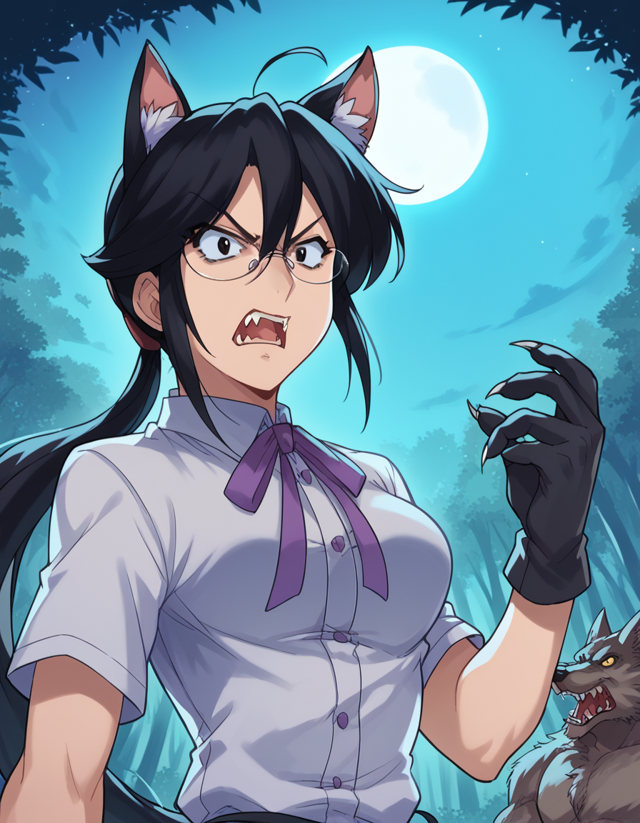 score_9, score_8_up, score_7_up, source_anime, <lora:sae-shirai-s1-ponyxl-lora-nochekaiser:1>, sae shirai, long hair, black hair, ponytail, ahoge, glasses, black eyes, hair between eyes, sidelocks, medium breasts,, <lora:werewolf-ponyxl-lora-nochekaiser:1>, werewolf, furry, fangs, animal ears, gloves, angry, teeth, animal ear fluff,, forest, night, moon, open mouth, , dutch angle, cowboy shot