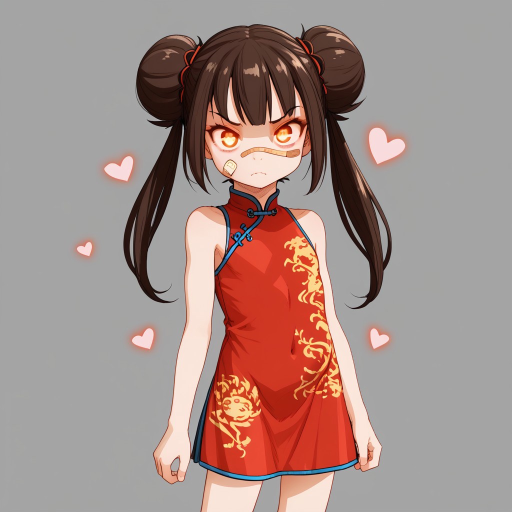 heart, simple background, facial hair, flat chest, dress, bandaid on face, china dress, twintails, brown eyes, glowing eyes