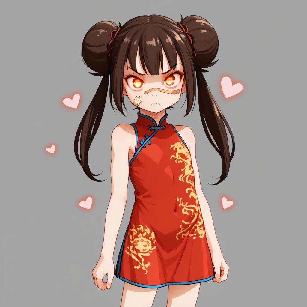 heart, simple background, facial hair, flat chest, dress, bandaid on face, china dress, twintails, brown eyes, glowing eyes