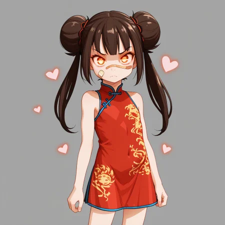 heart, simple background, facial hair, flat chest, dress, bandaid on face, china dress, twintails, brown eyes, glowing eyes