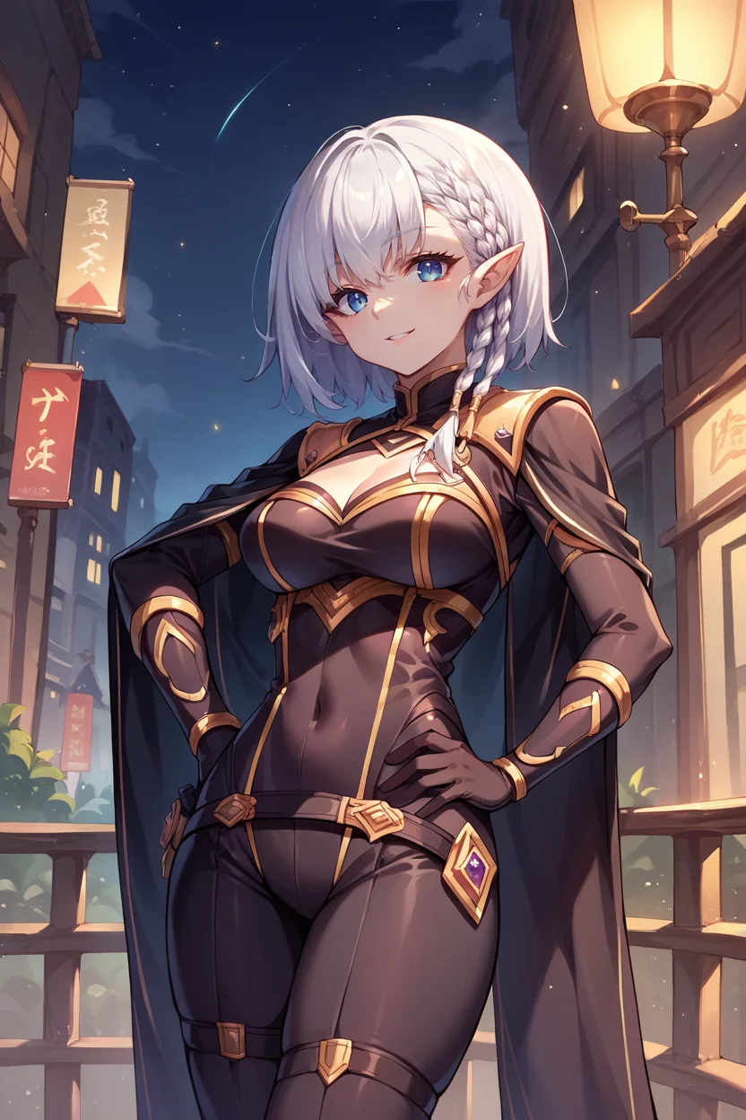 score_9, score_8_up, score_7_up, score_6_up, source_anime, 1girl, solo <lora:beta-pdxl-nvwls-v1-000005:1> beta, white hair, braid, pointy ears, black cape, black bodysuit, gloves, smile, looking at you, city, night sky, night, hand on hip