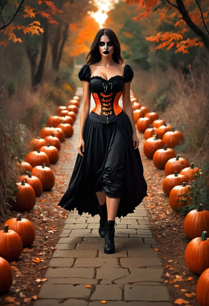 its a stylized Halloween-themed photograph featuring a woman in a long, black dress with a corset-style top, a belt, and a skirt, walking on a path that is lined with jack-o'-lanterns.
