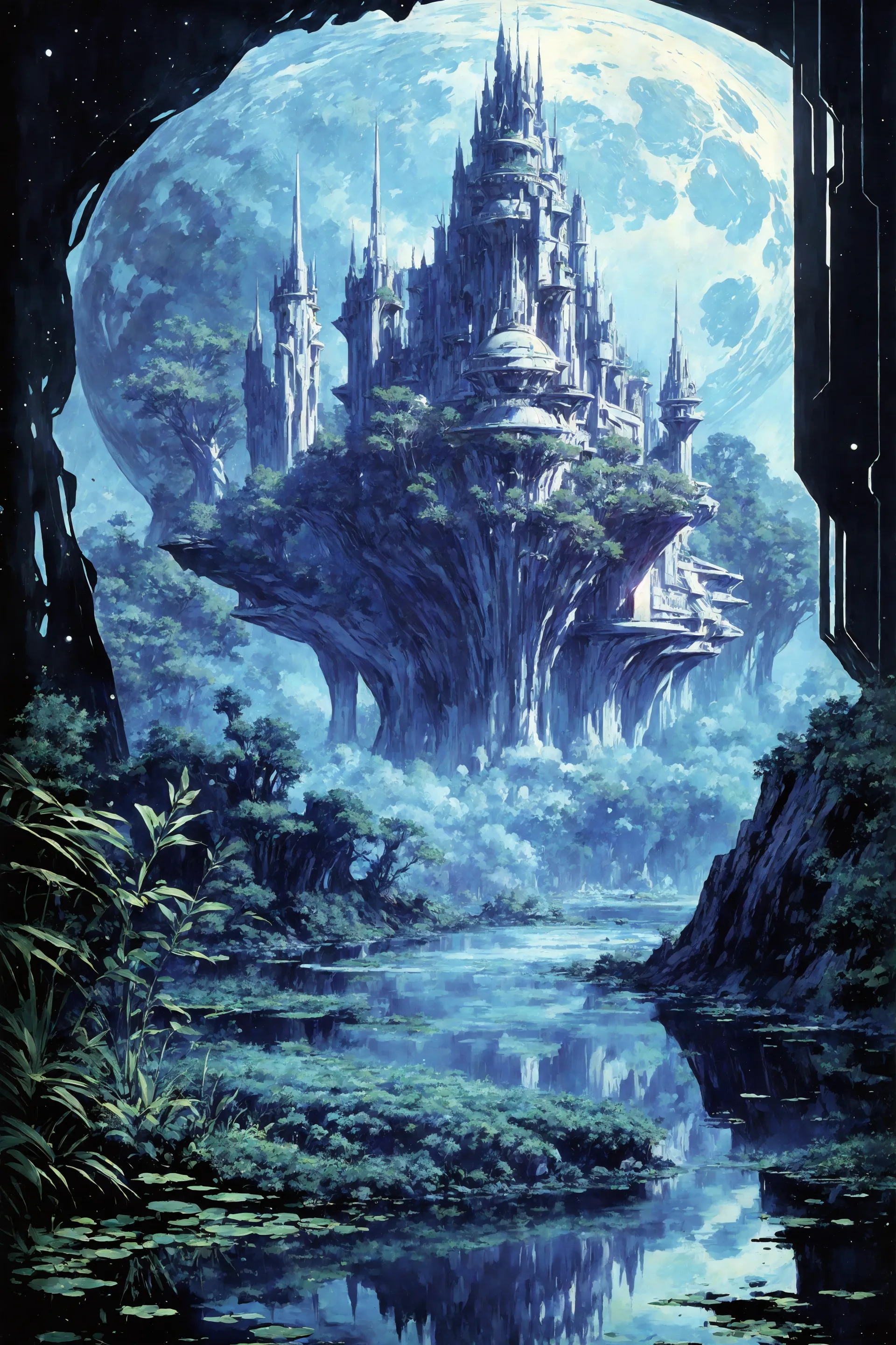 space planet, sun, moon, stars, (big rocks:0.9), (ripples, reflections:0.9), spatial futuristic castle, (small river pond:0.8), space forest, (space village:1.2), (stunning nature aquatic environment:0.8), spaceship, (unknown exotic land:0.9),) (nice alien civilization),  (beautiful space fantasy scifi futuristic landscape:0.9, (very detailed:1.2), (best quality:1.2), sharp focus, high contrast, cinematic lights, backlight, shadows, (lens flare:0.4), (vibrant colors, colorful):0.7, (French Blue flowers:0.9) and leaves, <lora:Detail Tweaker LoRA add_detail:0.8><lora:depth_of_field_slider_v1:5>  <lora:SDXLrender_v2.0:0.9> <lora:1970RetroFuturism:0.3> 1970retrofuturism