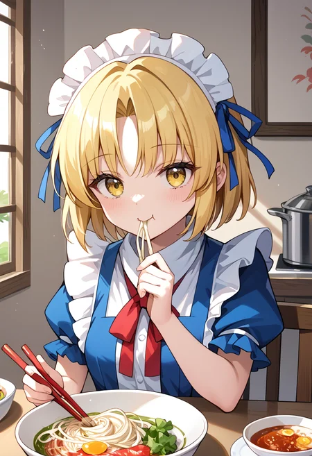 score_9, score_8_up, score_7_up, BREAK source_anime, (masterpiece), (best quality), 1girl, mugetsu, maid headdress with blue ribbon, yellow eyes, bow, maid, blonde hair, red ribbon, short hair, puffy sleeves, apron, blue dress, bowl of noodle on table, eating noodles with chopsticks, closeup upper body, looking at viewer, (from side:0.6), living room, <lora:mugetsu(touhou)-V1:1>