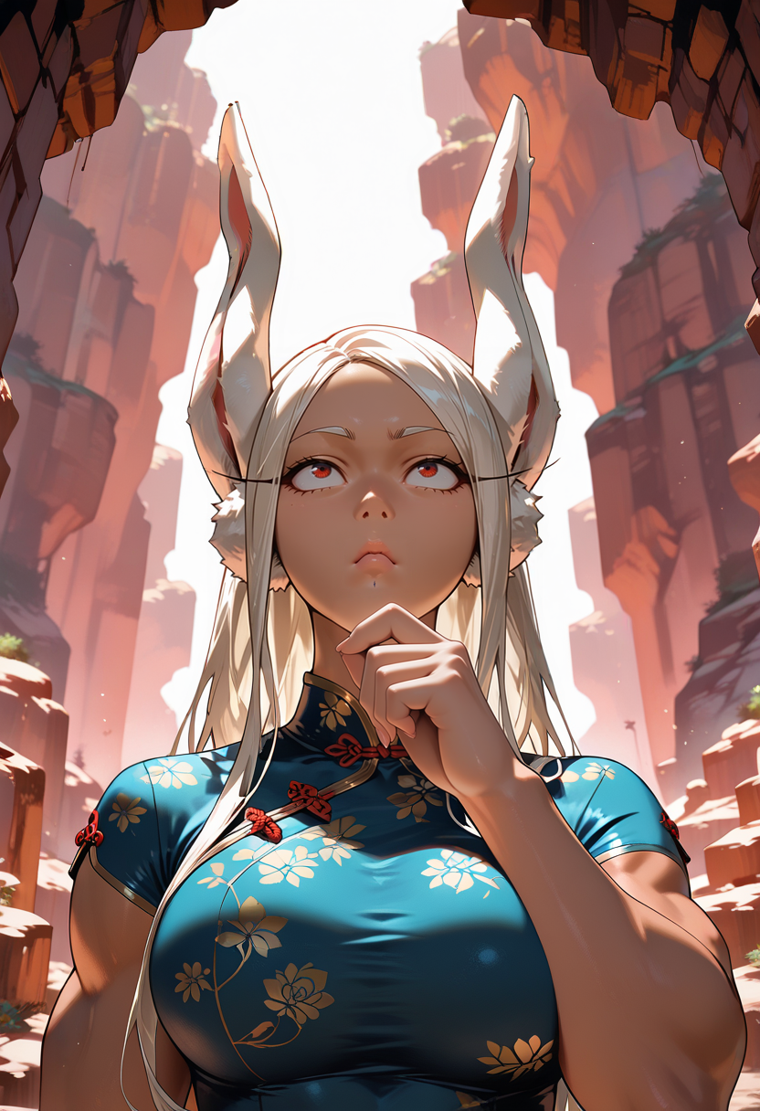 (masterpiece:1.35), (very aesthetic, best quality:1.3), vibrant, 1girl, mirko, carry me, upper body, (thinking:1.3),  <lora:Best_Facial_Expression_Helper_XTREME_ILLU:1> kaogei, highly detailed, intricate details, absurdres, masterful composition, cinematic lighting, china dress, legs up, canyon