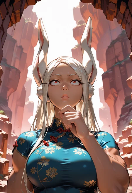 (masterpiece:1.35), (very aesthetic, best quality:1.3), vibrant, 1girl, mirko, carry me, upper body, (thinking:1.3), <lora:Best_Facial_Expression_Helper_XTREME_ILLU:1> kaogei, highly detailed, intricate details, absurdres, masterful composition, cinematic lighting, china dress, legs up, canyon