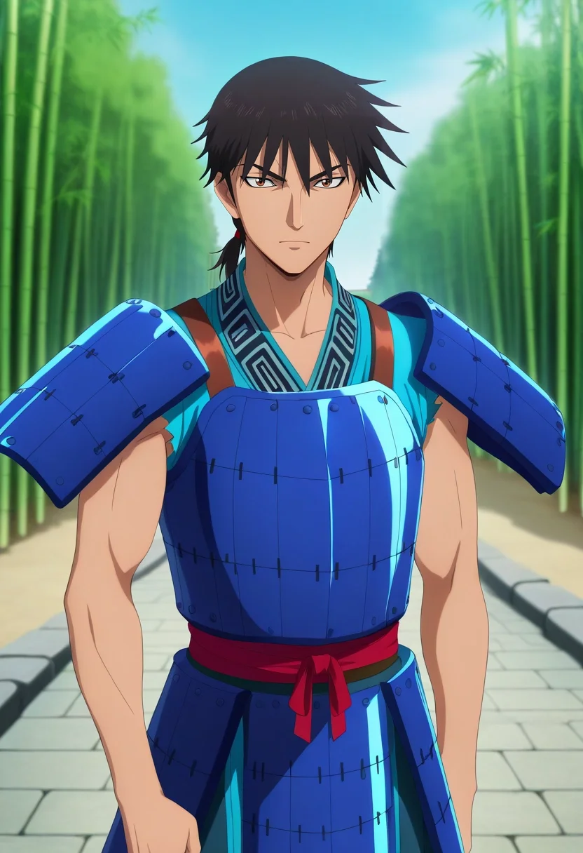 masterpiece, best quality, , anime screencap, , official style, , depth of field, 1boy, solo, male focus, <lora:xin_kingdom_ilxl:0.94>, xin_kingdom, black hair, brown eyes, short hair, low ponytail, , armor, bamboo sanctuary, stone paths, koi streams, wooden bridges, peaceful walk, serene expression, misty morning,