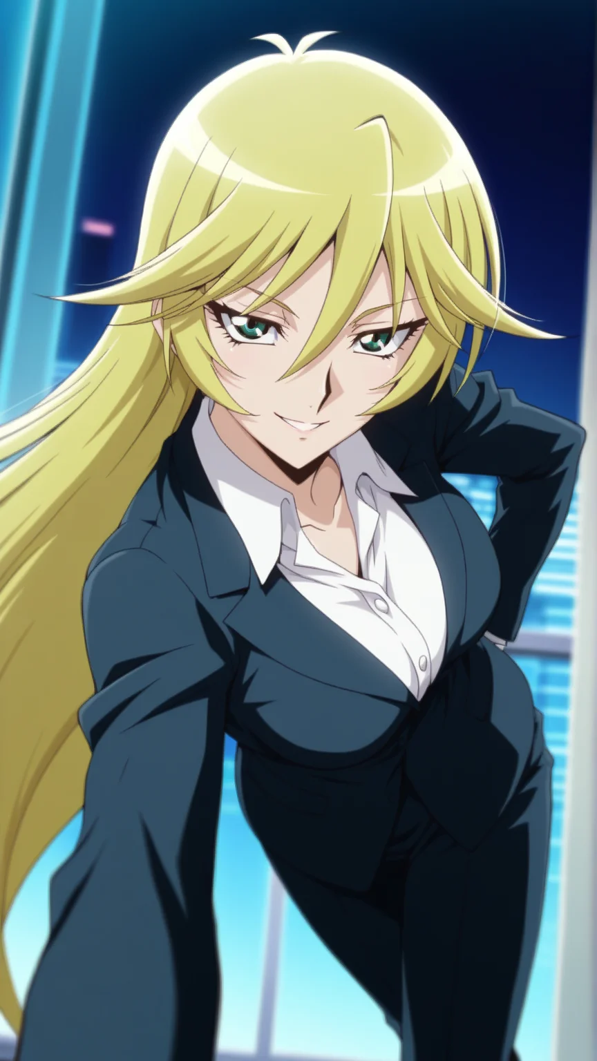 source_anime, general, best quality, masterpiece, 1girl, <lora:sherry_leblanc_ill_v1.1:1>sherry_leblanc\(yu-gi-oh!\),green eyes,blonde hair, hair between eyes, long hair,business suit, seductive smile, (smug:0.7), dynamic pose, dutch angle,