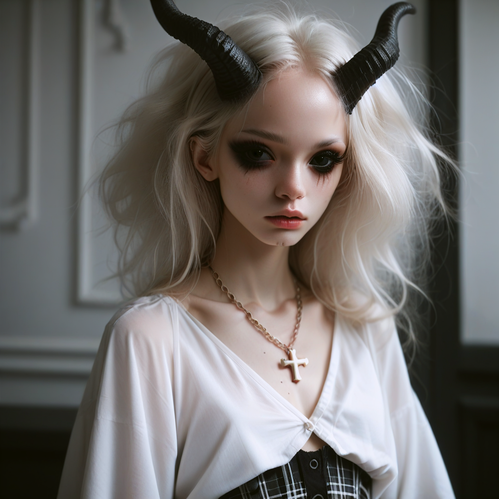 score_9_up, score_8_up, score_7_up, (masterpiece), (best quality), (ultra-detailed), (very aesthetic:1.2), intricate details, perfect composition, absurdres,
1girl, solo, <lora:bdemonpony011:1>, colored skin, pale skin, white skin, black hands, black feet, pitch black eyes, monster girl, skinny, anorexic, slim, horns, white hair,  
chain necklace, cross necklace, bracelets, white shirt and plaid skirt, 
indoors, dark black room, music decorations, 80's punk style, solo,