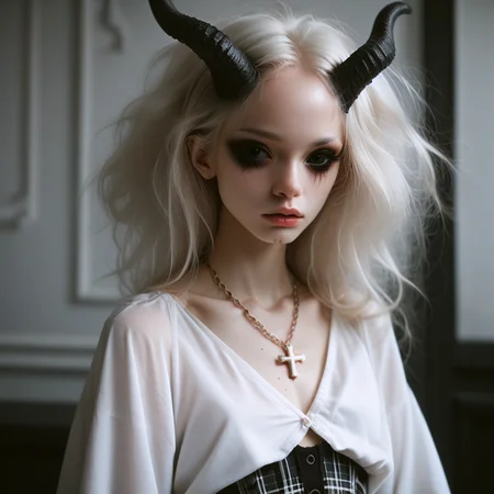 score_9_up, score_8_up, score_7_up, (masterpiece), (best quality), (ultra-detailed), (very aesthetic:1.2), intricate details, perfect composition, absurdres,
1girl, solo, <lora:bdemonpony011:1>, colored skin, pale skin, white skin, black hands, black feet, pitch black eyes, monster girl, skinny, anorexic, slim, horns, white hair,
chain necklace, cross necklace, bracelets, white shirt and plaid skirt,
indoors, dark black room, music decorations, 80's punk style, solo,
