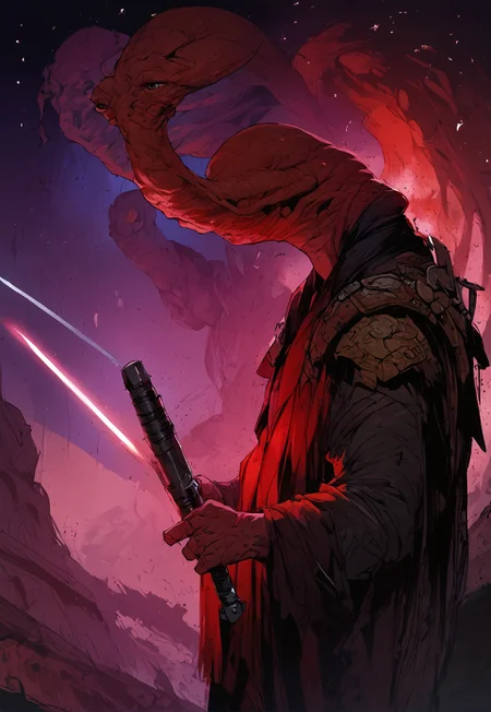 score_9, score_8_up, score_7_up, BREAK,
ithorian hammerhead alien on a space station, window showing stars and wormhole, dramatic lights, (((holding red lightsaber)))
