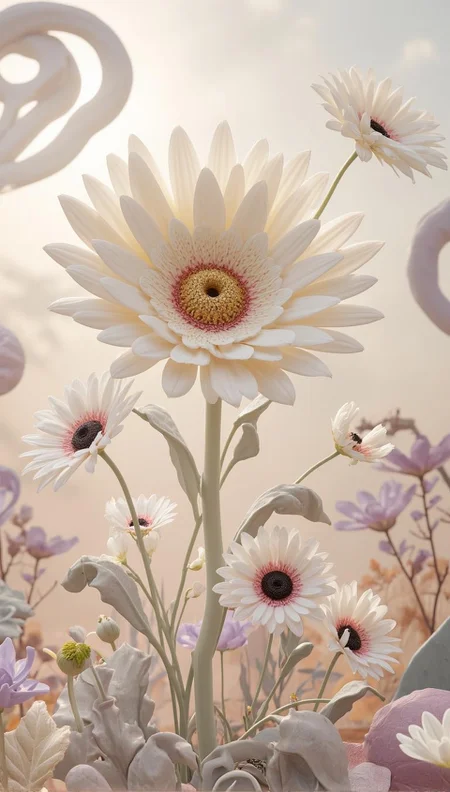<lora:[FLUX.1 [dev] - LoRa] [Style] 'Improved Photography' [v1.0 - 09.12.2024] [SPECTRUM #0007 by AI_Characters].safetensors:1> analog photo in tr artstyle
In the heart of a whimsical garden, an exquisite porcelain sculpture stands out, its form a harmonious blend of organic grace and fantastical elegance. The central subject, a grand porcelain flower, rises majestically, its petals sculpted with delicate precision. Each petal, a soft cream with subtle blush pink edges, radiates outward in a gentle, almost ethereal arc. The core of the flower is a mesmerizing constellation of delicate red and black swirls, surrounded by a golden-glowing center that draws the eye like a beacon.
This central flower is encircled by a cluster of smaller, porcelain daisies, their pristine white petals and intricate black centers adding a touch of serene beauty. The daisies' stems and leaves, meticulously crafted in shades of muted lavender and deep gray, intertwine with the larger flower, creating a visual tapestry of interconnected elegance.
The background is a tapestry of subtle, pastel hues, dominated by a warm, diffused light that bathes the scene in a tranquil glow. The sky, a gentle gradient of creams and blush pinks, is punctuated by soft, swirling clouds that add a sense of movement and ethereal lightness. The landscape is adorned with intricate botanical motifs, such as delicate leaves and flowers, seamlessly integrated into the porcelain form.
Floating against this serene backdrop are elements that resemble abstract, hand-crafted structures, their forms fluid and sinuous, adding a touch of whimsy and fantasy. These elements, delicately shaded in pastel tones, contrast harmoniously with the organic shapes of the flowers, creating a balanced interplay of nature and artifice.
The entire scene exudes a sense of delicate beauty and refined artistry, where every detail is a testament to the craftsmanship and creativity of the artist. The final result is a captivating blend of natural grace and fantastical elegance, evoking feelings of wonder and tranquility.